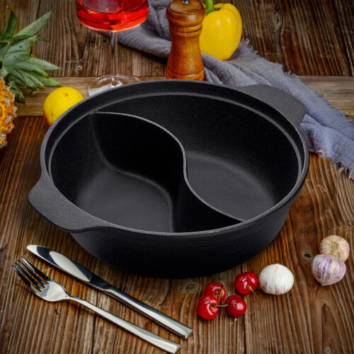32CM Round Cast Iron Shabu Shabu Hotpot Beef Chicken Stew Wok Two-Flavor Division - Image 2