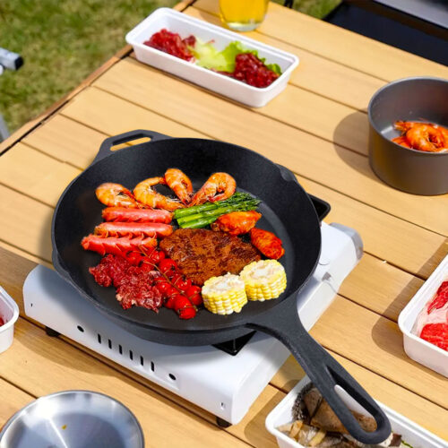 2x 30cm Round Cast Iron Frying Pan Skillet Steak Sizzle Platter with Helper Handle - Image 2