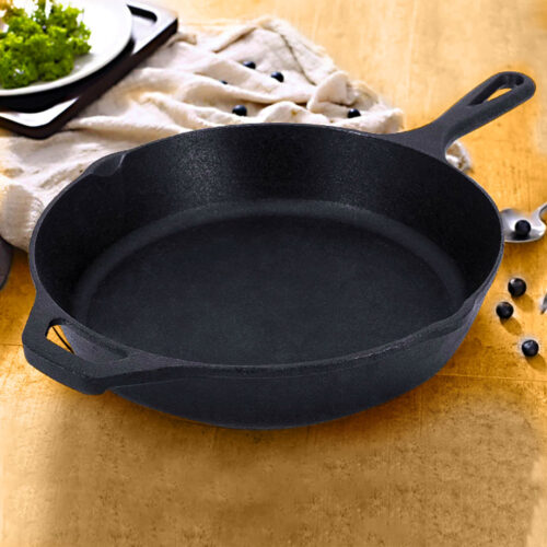 2x 30cm Round Cast Iron Frying Pan Skillet Steak Sizzle Platter with Helper Handle - Image 4