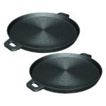 2x 35cm Round Ribbed Cast Iron Frying Pan Skillet Steak Sizzle Platter with Handle