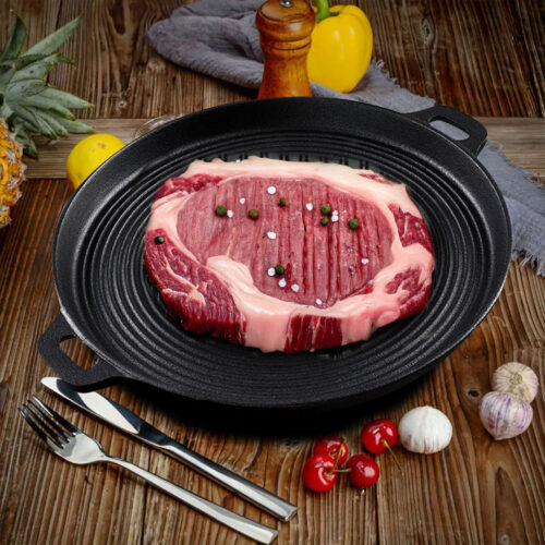2x 35cm Round Ribbed Cast Iron Frying Pan Skillet Steak Sizzle Platter with Handle - Image 5