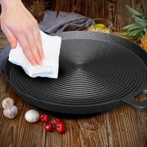 2x 35cm Round Ribbed Cast Iron Frying Pan Skillet Steak Sizzle Platter with Handle - Image 9