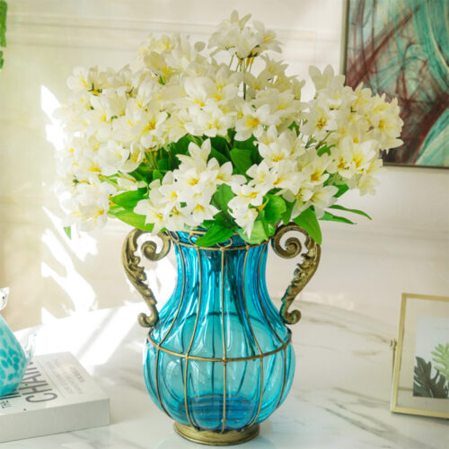 Blue Colored Glass Flower Vase with 10 Bunch 6 Heads Artificial Fake Silk Lilium nanum Decor Set - Image 6