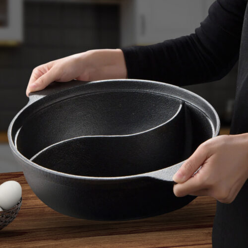 2x 32CM Round Cast Iron Shabu Shabu Hotpot Beef Chicken Stew Wok Two-Flavor Division - Image 8