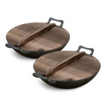 2x 36CM Commercial Cast Iron Wok FryPan with Wooden Lid Fry Pan