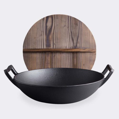 2x 36CM Commercial Cast Iron Wok FryPan with Wooden Lid Fry Pan - Image 2