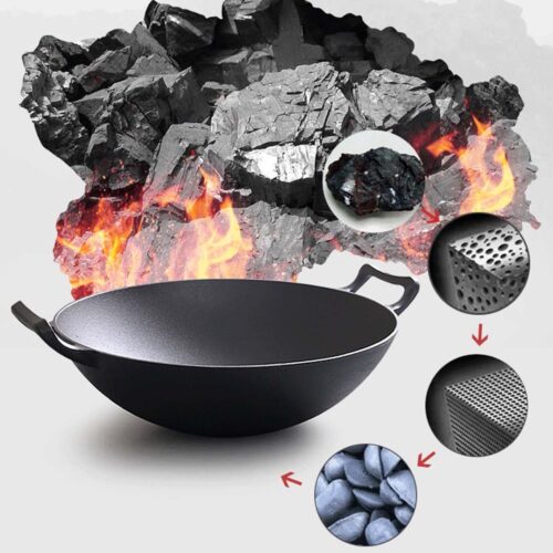 2x 36CM Commercial Cast Iron Wok FryPan with Wooden Lid Fry Pan - Image 3