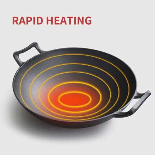 2x 36CM Commercial Cast Iron Wok FryPan with Wooden Lid Fry Pan - Image 4