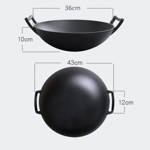 2x 36CM Commercial Cast Iron Wok FryPan with Wooden Lid Fry Pan - Image 6