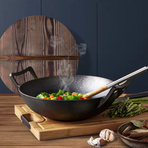 2x 36CM Commercial Cast Iron Wok FryPan with Wooden Lid Fry Pan - Image 8