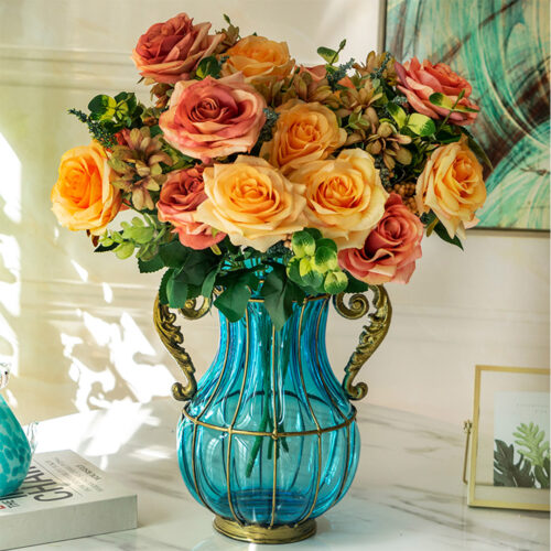 Blue Colored Glass Flower Vase with 4 Bunch 11 Heads Artificial Fake Silk Rose Decor Set - Image 6