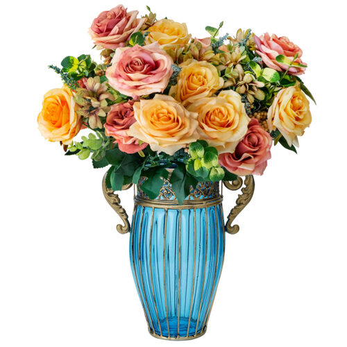 Blue Colored Glass Flower Vase with 4 Bunch 11 Heads Artificial Fake Silk Rose Decor Set