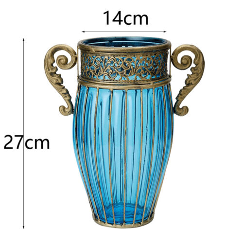 Blue Colored Glass Flower Vase with 4 Bunch 11 Heads Artificial Fake Silk Rose Decor Set - Image 2