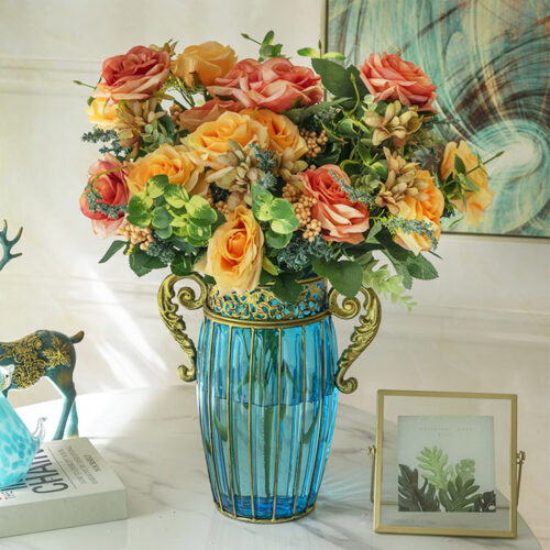 Blue Colored Glass Flower Vase with 4 Bunch 11 Heads Artificial Fake Silk Rose Decor Set - Image 6
