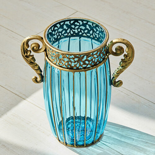 Blue Colored Glass Flower Vase with 4 Bunch 11 Heads Artificial Fake Silk Rose Decor Set - Image 7