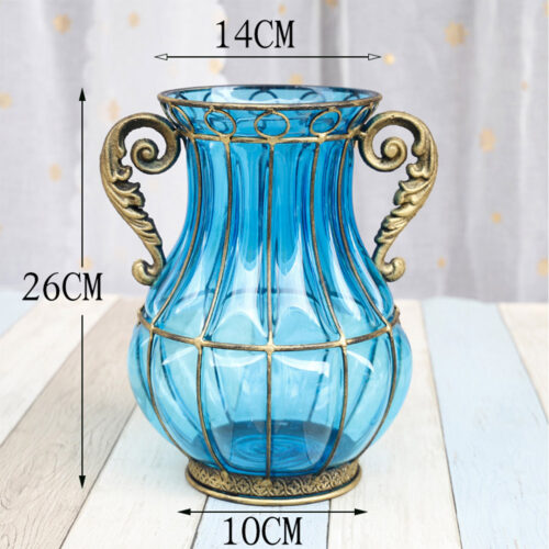 Blue Colored Glass Flower Vase with 8 Bunch 3 Heads Artificial Fake Silk Hibiscus Decor Set - Image 2