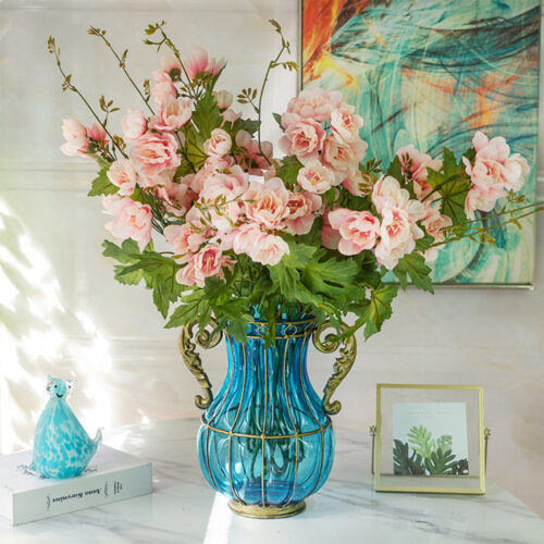 Blue Colored Glass Flower Vase with 8 Bunch 3 Heads Artificial Fake Silk Hibiscus Decor Set - Image 6