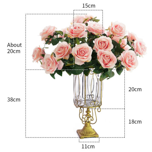 Clear Glass Cylinder Flower Vase with 4 Bunch 9 Heads Artificial Fake Silk Rose Decor Set - Image 2