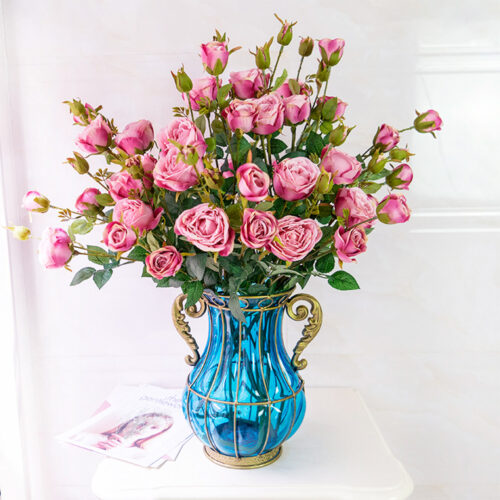 Blue Colored Glass Flower Vase with 10 Bunch 6 Heads Artificial Fake Silk Rose Decor Set - Image 6