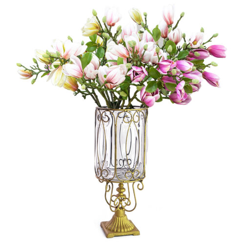 Clear Glass Cylinder Flower Vase with 6 Bunch 4 Heads Artificial Fake Silk Magnolia denudata Decor Set