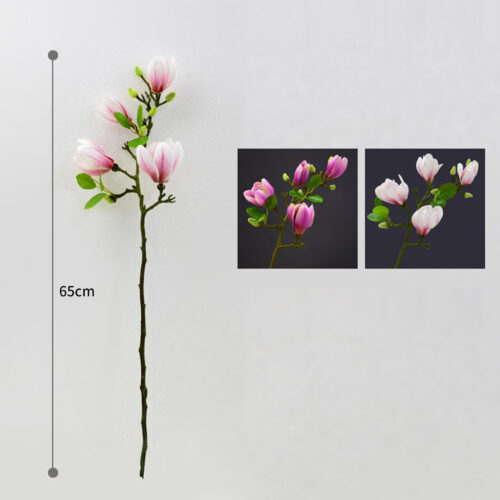 Clear Glass Cylinder Flower Vase with 6 Bunch 4 Heads Artificial Fake Silk Magnolia denudata Decor Set - Image 3