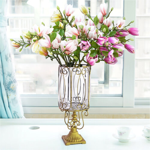 Clear Glass Cylinder Flower Vase with 6 Bunch 4 Heads Artificial Fake Silk Magnolia denudata Decor Set - Image 6