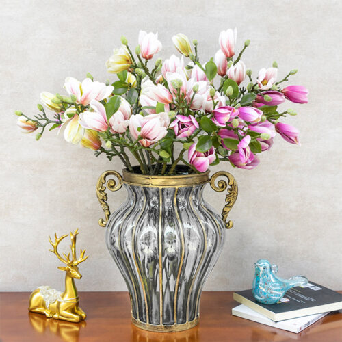 Clear Glass Flower Vase with 6 Bunch 4 Heads Artificial Fake Silk Magnolia denudata Decor Set - Image 6