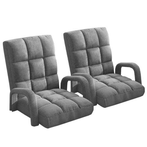 2x Folding Lounge Cushion Adjustable Floor Lazy Recliner Chair with Armrest Grey