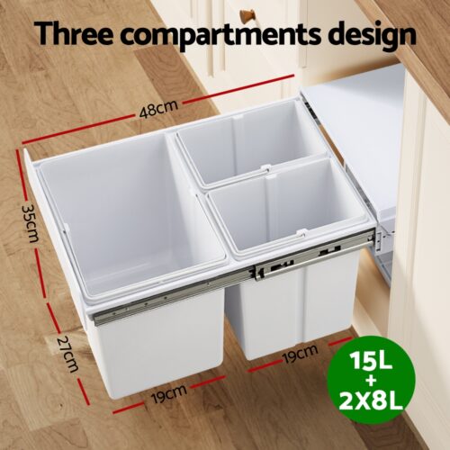 Cefito Pull Out Bin Kitchen Triple Slide Garbage Rubbish Bins Basket White 31L - Image 4