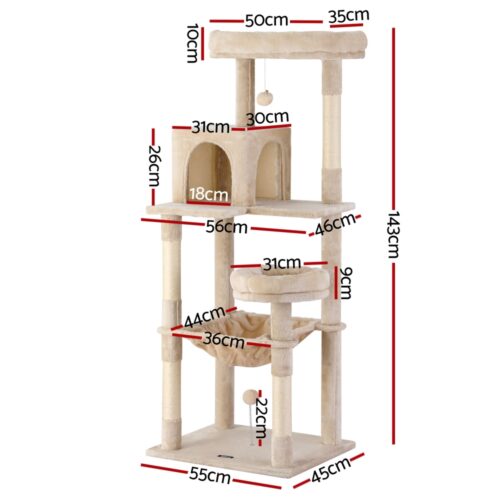 i.Pet Cat Tree 143cm Tower Scratching Post Trees Scratcher Condo House Beige - Image 3