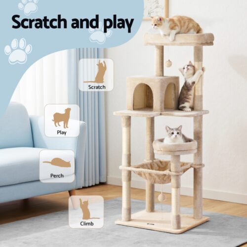 i.Pet Cat Tree 143cm Tower Scratching Post Trees Scratcher Condo House Beige - Image 4