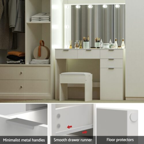 Artiss Dressing Table Set Stool 10 Led Bulbs White - Image 7