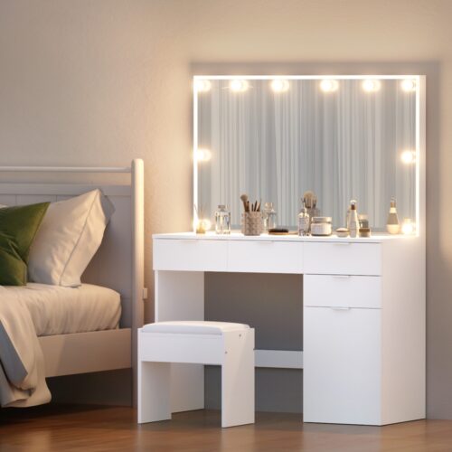 Artiss Dressing Table Set Stool 10 Led Bulbs White - Image 8