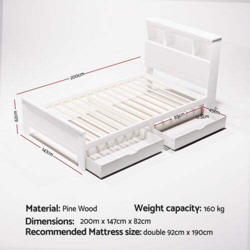 Artiss Bed Frame King Single Size Wooden with 3 Shelves Bed Head White - Image 2