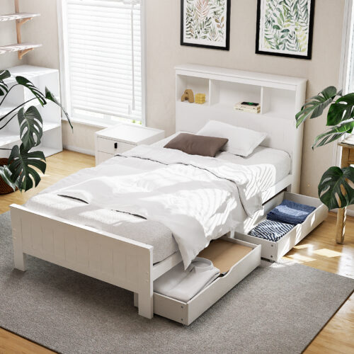 Artiss Bed Frame King Single Size Wooden with 3 Shelves Bed Head White - Image 7