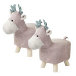 2x Pink Children Bench Deer Character Round Ottoman Stool Soft Small Comfy Seat Decor