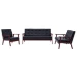 Sofa Set 3-Piece Black Faux Leather Modern Living Room Lounge Couch Armchairs