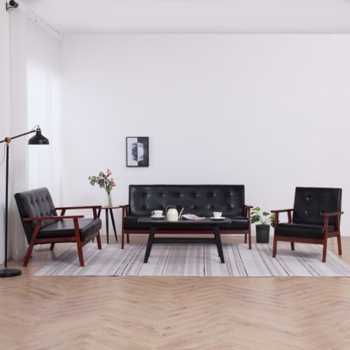Sofa Set 3-Piece Black Faux Leather Modern Living Room Lounge Couch Armchairs - Image 2