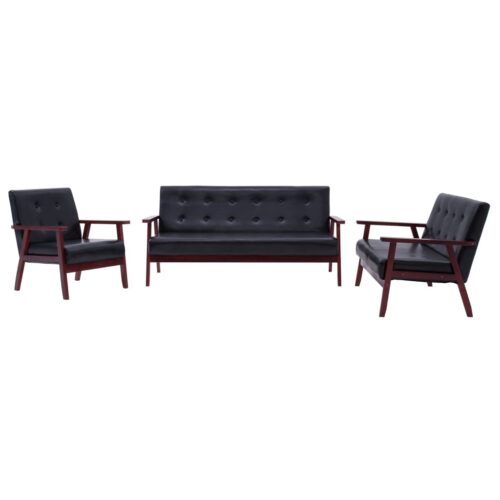 Sofa Set 3-Piece Black Faux Leather Modern Living Room Lounge Couch Armchairs - Image 13