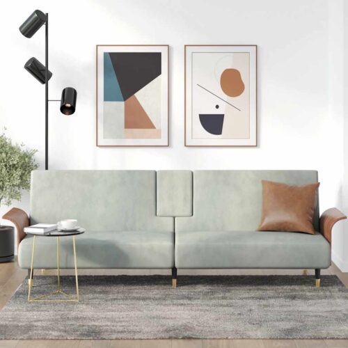Sofa Bed with Cup Holders Light Grey Velvet - Image 2
