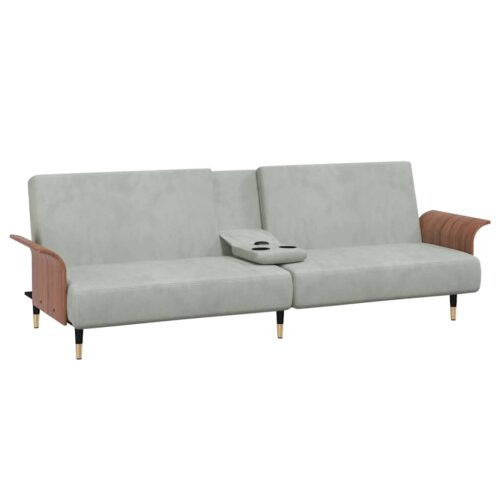 Sofa Bed with Cup Holders Light Grey Velvet - Image 5