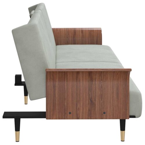 Sofa Bed with Cup Holders Light Grey Velvet - Image 6