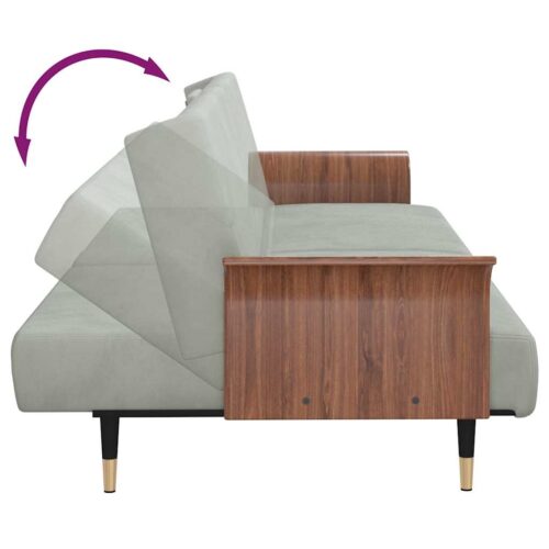 Sofa Bed with Cup Holders Light Grey Velvet - Image 9