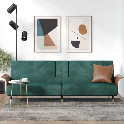 Sofa Bed with Cup Holders Dark Green Velvet - Image 2