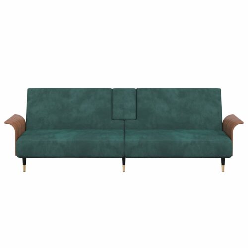 Sofa Bed with Cup Holders Dark Green Velvet - Image 4