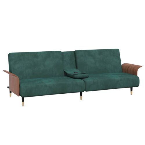 Sofa Bed with Cup Holders Dark Green Velvet - Image 5