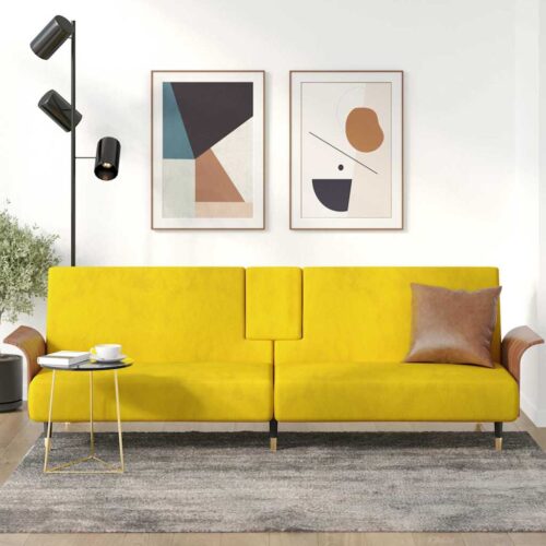 Sofa Bed with Cup Holders Yellow Velvet - Image 2