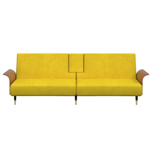 Sofa Bed with Cup Holders Yellow Velvet - Image 4