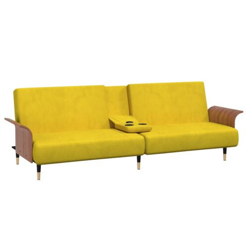 Sofa Bed with Cup Holders Yellow Velvet - Image 5