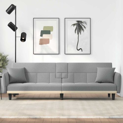 Sofa Bed with Cup Holders Light Grey Fabric - Image 2